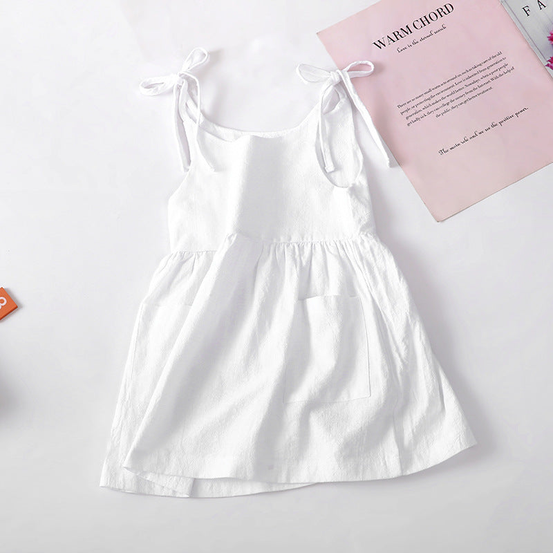 Wholesale Solid Color Cotton and Linen 2 Side Pockets Suspenders Lace-up Children's Suspender Dress